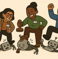 Illustration of three staff members stomping on bots