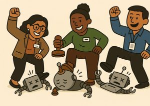 Illustration of three staff members stomping on bots